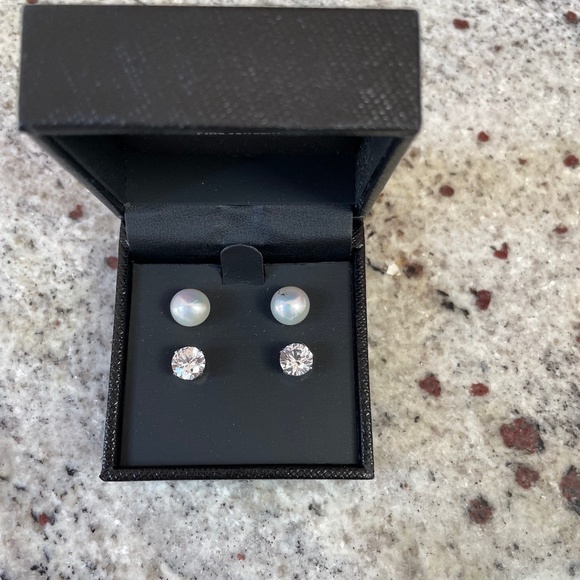 2-Pc. Set Cultured Freshwater Pear& White SapphireStud Earrings in Sterling Silv - Picture 2 of 4